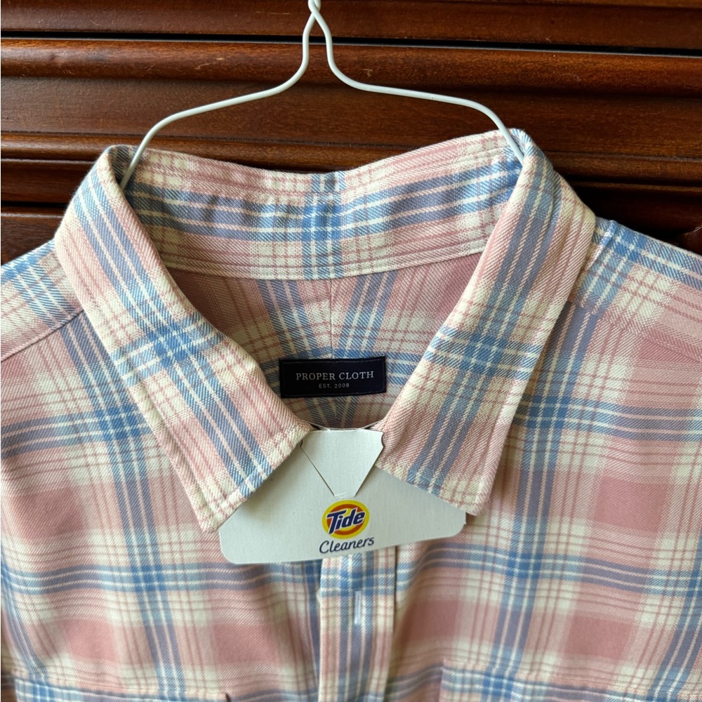 Proper Cloth,  Ultra-Soft Cotton, Rose Cream/Pink and Blue Plaid Shirt. Tall.